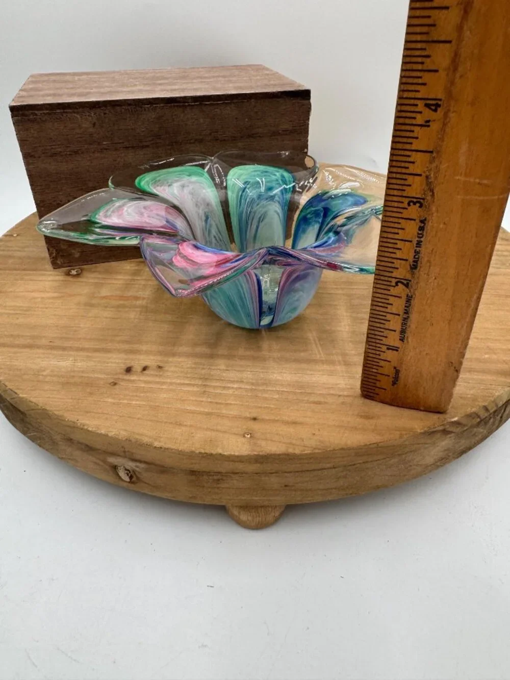 Vtg Murano Crystal Clear Art Glass Multicolor Flower Bowl Votive Pink Blue